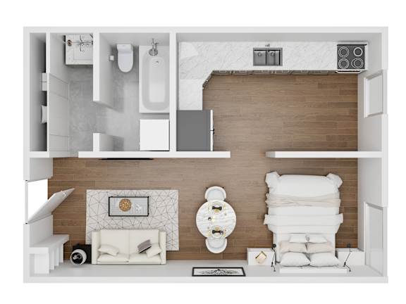 A top down view of a modern bathroom and living room.