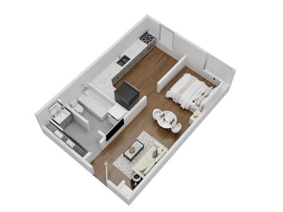 A top down view of a small apartment with a kitchen, living room and bathroom.