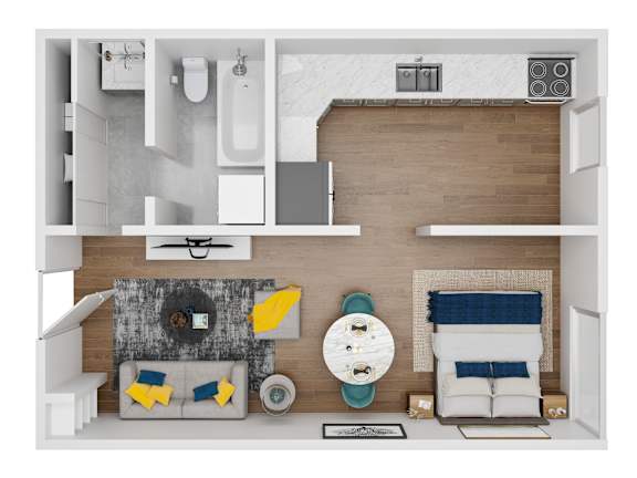 A modern living room with a grey couch and a white coffee table.