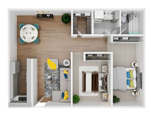 A top-down view of a modern living room with a dining area, kitchen, and bathroom.