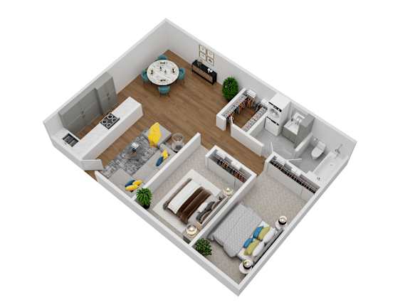 Floor Plan  A 3D floor plan of a house with a living room, dining room, kitchen, and two bedrooms.
