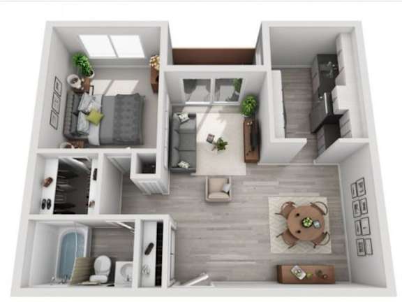 Floor Plan  A 3D floor plan of a small apartment with a kitchen, living room, and bedroom.