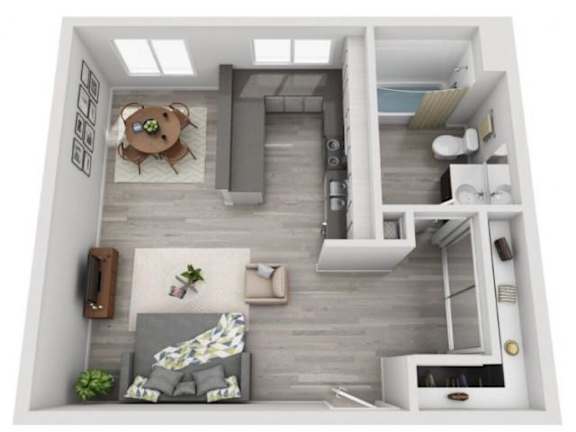 A 3D rendered image of a modern apartment layout.