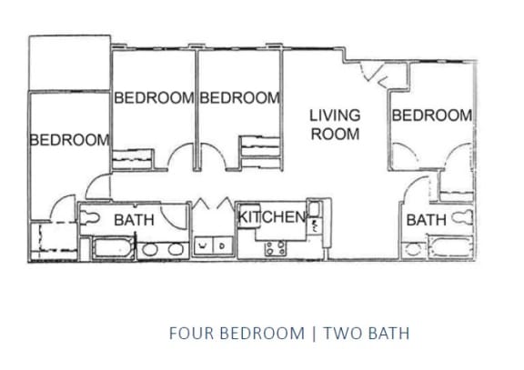 a floor plan of a house with four bedrooms and two bathrooms