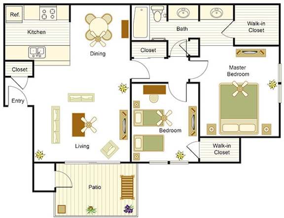 A floor plan of a house with a living room, dining room, kitchen, and multiple bedrooms.