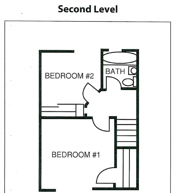 A black and white drawing of a second level floor plan with two bedrooms and a bathroom.