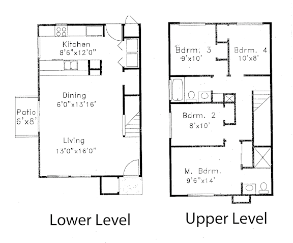 A floor plan shows a lower level with a kitchen, dining area and living room, and an upper level with three bedrooms.