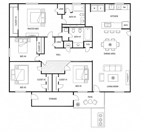 A black and white floor plan of a house with labeled rooms.