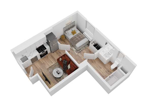 A top-down view of a small apartment with a kitchen, living room, and bathroom.