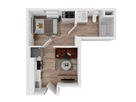 A top down view of a small apartment with a kitchen, living room and bathroom.