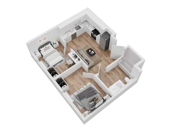 A top down view of a small apartment with a kitchen, living room, and bathroom.