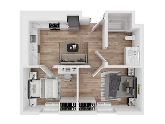 A top-down view of a modern living room with a central coffee table and a kitchen area to the right.
