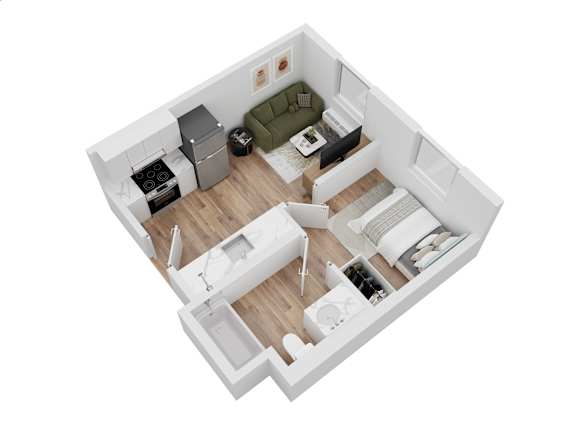 A top down view of a small apartment with a kitchen, living room, and bedroom.
