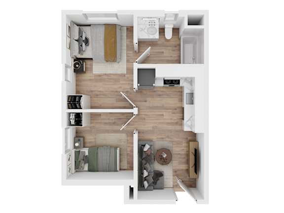 A top down view of a living room with a couch, a chair, a coffee table, and a TV.