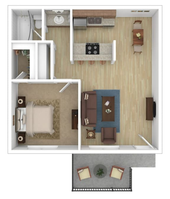 Floor Plan  A top-down view of a small apartment with a living room, kitchen, and bathroom.