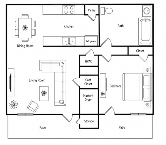 A black and white floor plan of a house with a kitchen, living room, dining room, and bath.