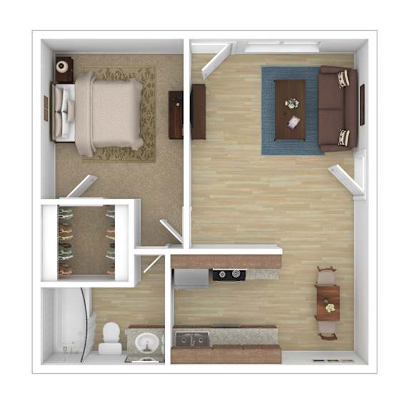 A top down view of a living room with a couch, a coffee table, and a television.