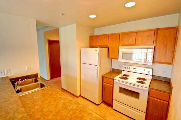A kitchen with a stove, refrigerator, and microwave.