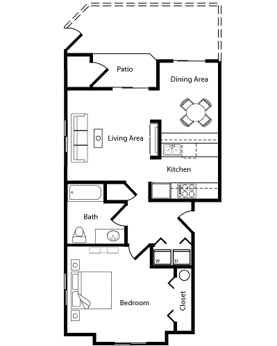 A floor plan of a house with a living area, kitchen, bedroom, bath, and closet.