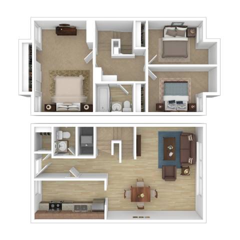 A floor plan of a two-story apartment with a living room, dining room, kitchen, and bedrooms.