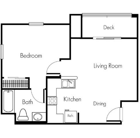A black and white floor plan of a house with a deck, living room, kitchen, dining area, bedroom, and bathroom.