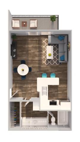 A modern apartment layout with a kitchen, living room, and bathroom.