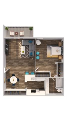A top-down view of a small apartment with a kitchen, living room, and bathroom.