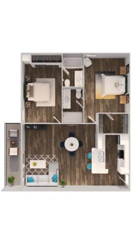 A top-down view of a small apartment with a kitchen, living room, and bathroom.