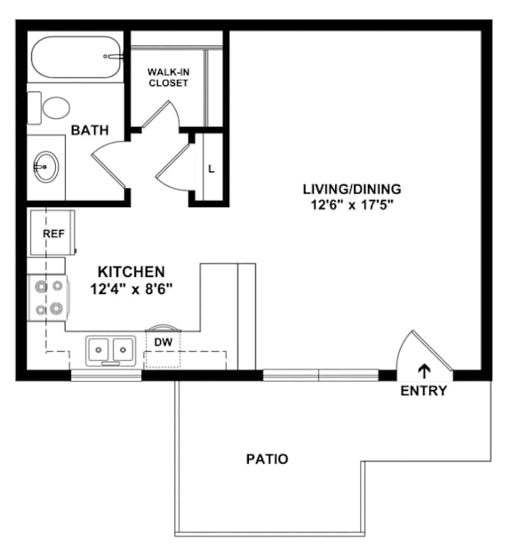 A floor plan of a small apartment with a kitchen, bathroom, living/dining area, and patio.