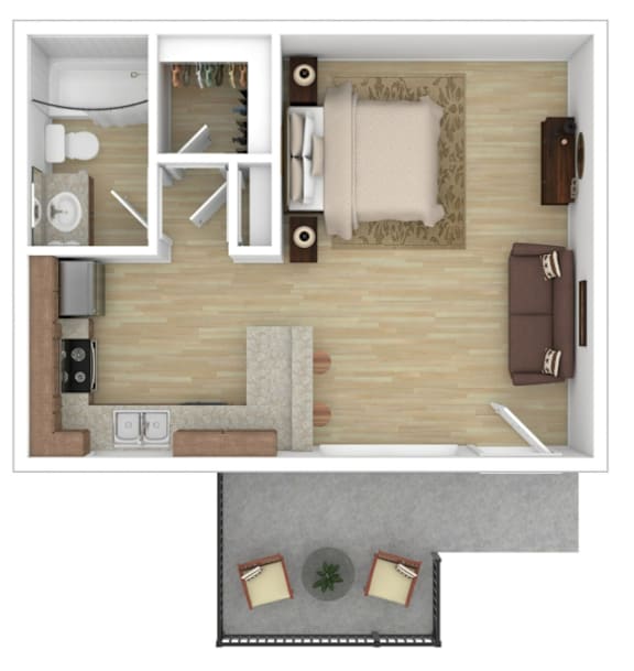 A top-down view of a small apartment with a bedroom, living room, and kitchen.