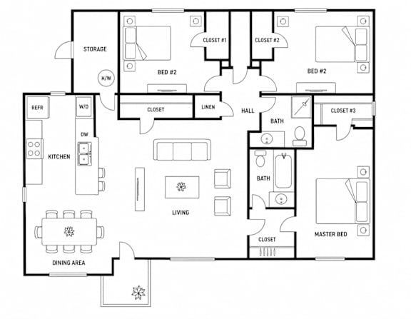 A black and white floor plan of a house with labeled rooms.