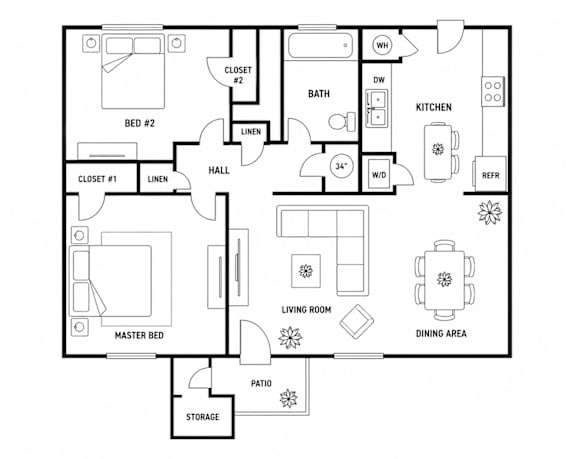 A black and white floor plan of a house with labeled rooms.