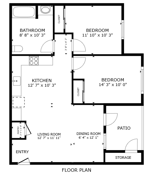 A black and white floor plan of a house with labeled rooms and dimensions.