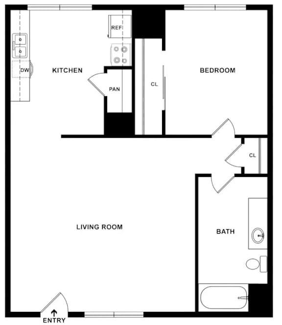 A black and white image of a floor plan for a small apartment.