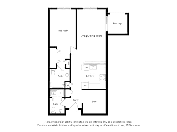 A floor plan of a house with a den, two bathrooms, a kitchen, and two bedrooms.