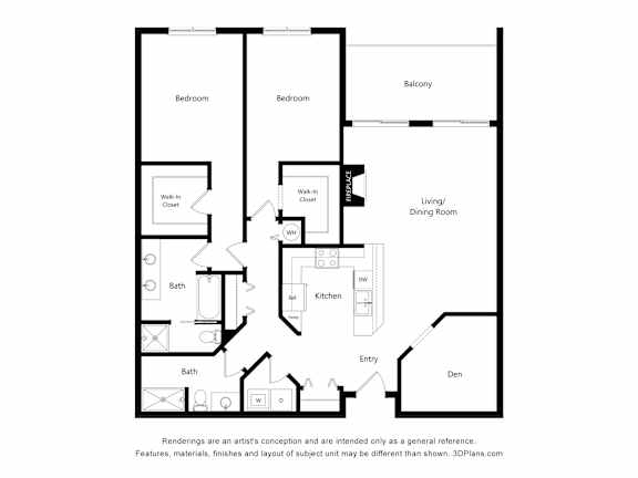 A black and white floor plan of a house with two bedrooms, a living/dining room, a kitchen, two bathrooms, and an entry.