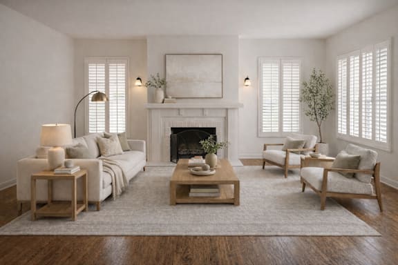 A living room with a fireplace, two couches, a coffee table, and a floor lamp.