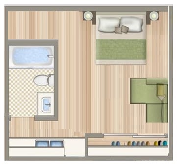 a floor plan of a room with a bed and a desk