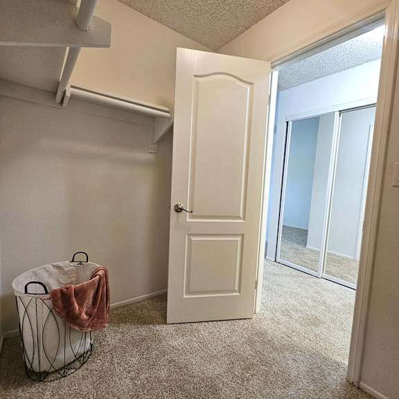 A white door is open to a hallway.