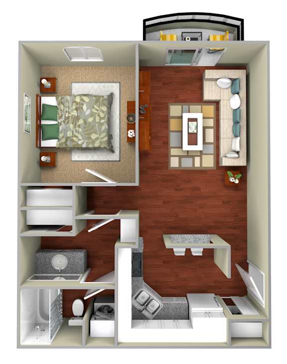 A 3D rendered image of a small apartment layout.