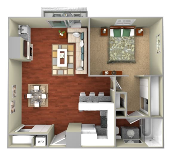 a 3d floor plan of a studio apartment with a bedroom and living room