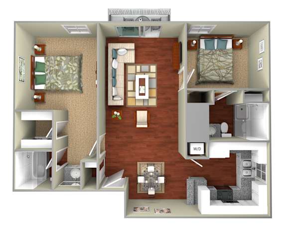 A 3D floor plan of a house with a living room, kitchen, and bedrooms.