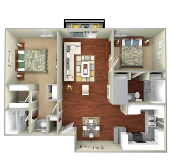 A 3D floor plan of a small apartment with a kitchen, living room, and bedroom.