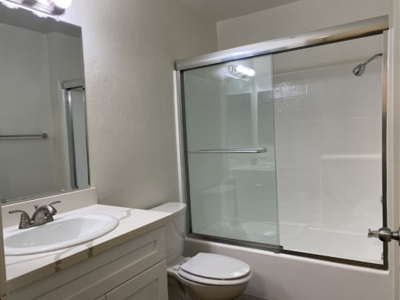 a bathroom with a sink toilet and a shower