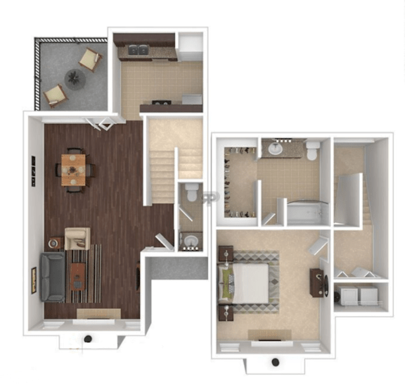 A floor plan of a two-story apartment with a living room, kitchen, and bathrooms.