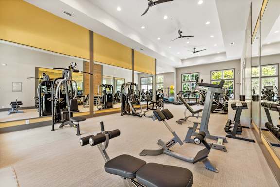 a gym with a lot of exercise equipment and windows