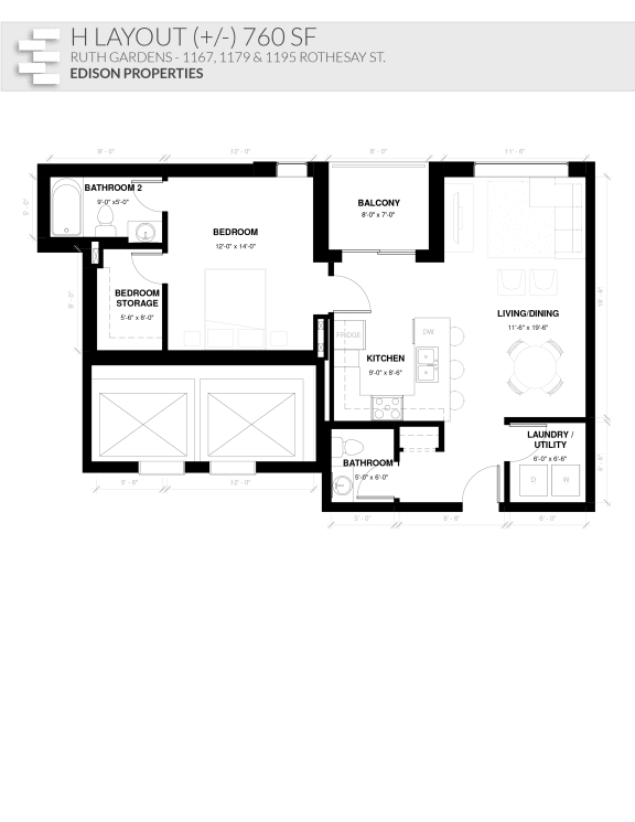  Floor Plan 1Bed 2Bath