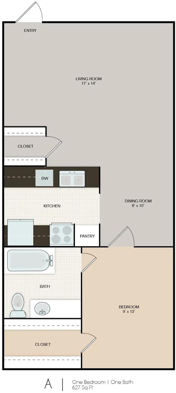 A floor plan of a one bedroom apartment with one bath.