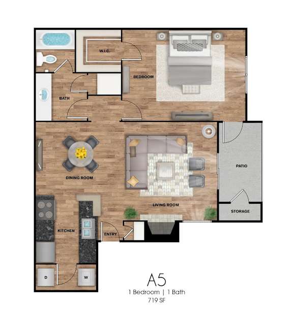 Floor Plan  A5 floor plan of a 1 bedroom, 1 bathroom apartment.