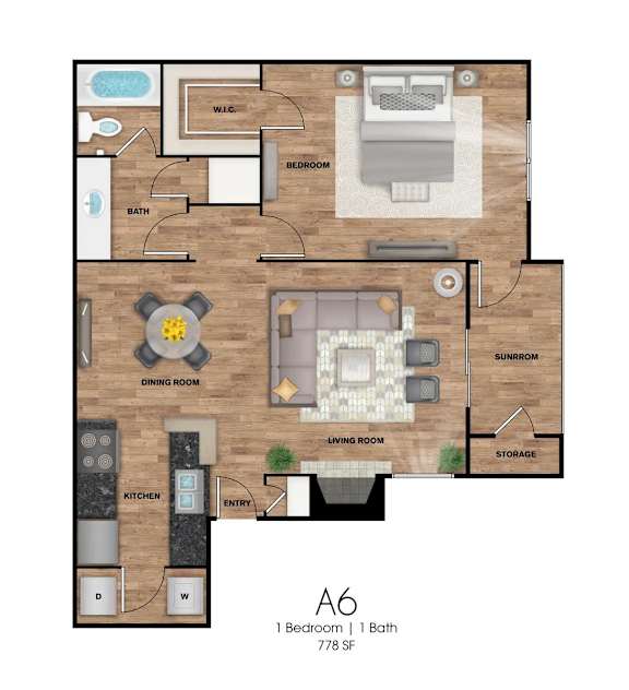 Floor Plan  A6 floor plan of a 1 bedroom apartment with 1 bathroom.